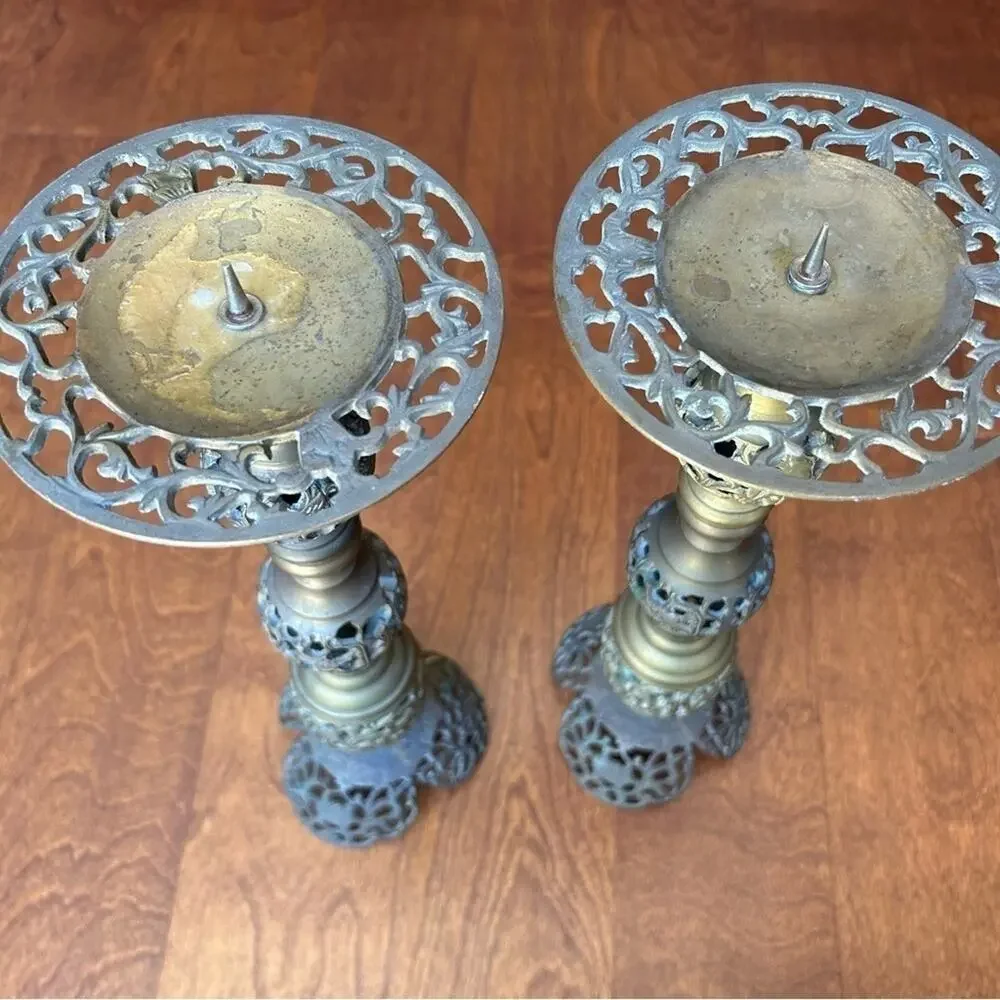 Vintage Oversized Moroccan Pierced Brass Candle Holders, Set of 2, Nice Patina